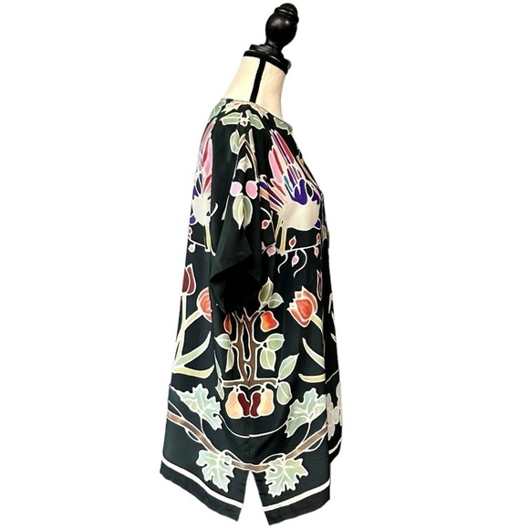 Vintage Art Waves Silk Floral Printed Tropical Bird Tunic, Oversized Small - Picture 4 of 11